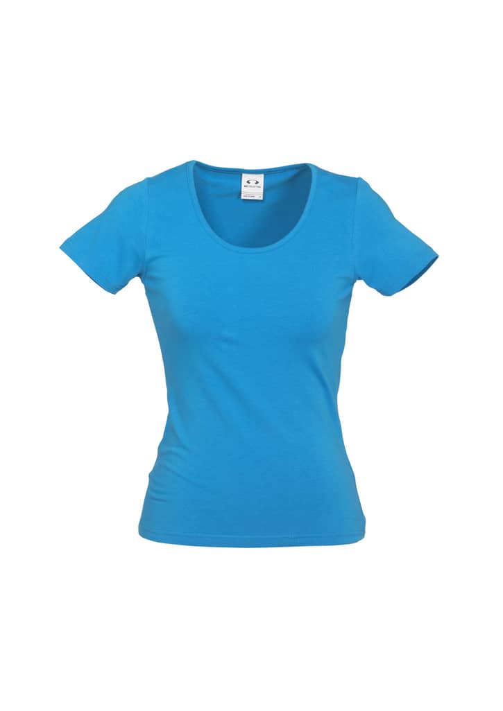 A blue ladies' t-shirt with a scoop neckline and short sleeves, featuring a label and logo.