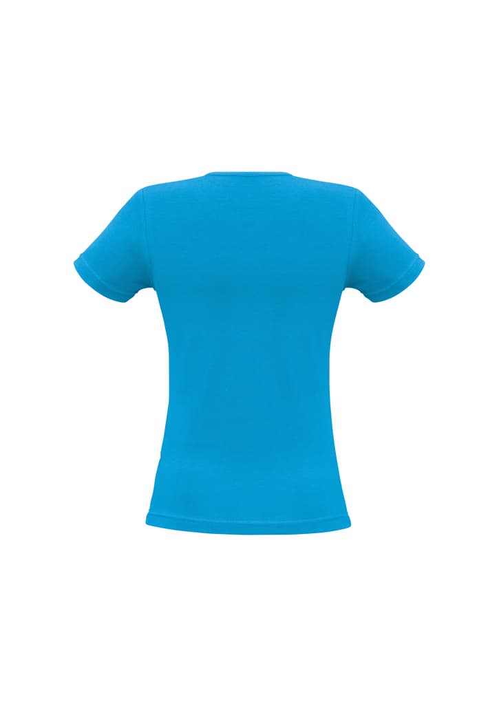 A bright blue ladies' t-shirt with short sleeves and a fitted design, featuring a logo on the back.