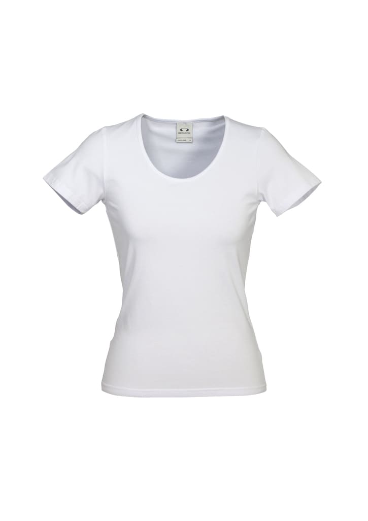 A white short-sleeved women's t-shirt with a scoop neckline. The shirt features a logo on the label.