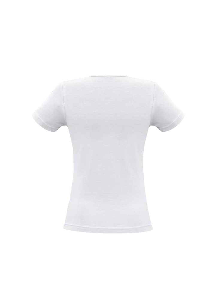 A white fitted t-shirt with short sleeves and a round neckline. It features a logo on the back.