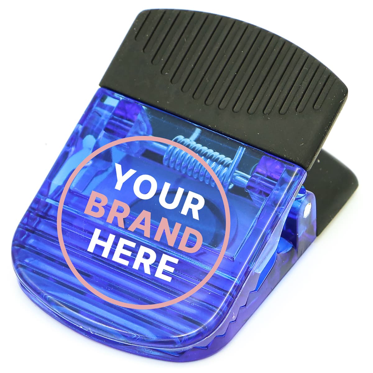 A blue magnetic clip with a textured black grip and a branding area. Suitable for office use.