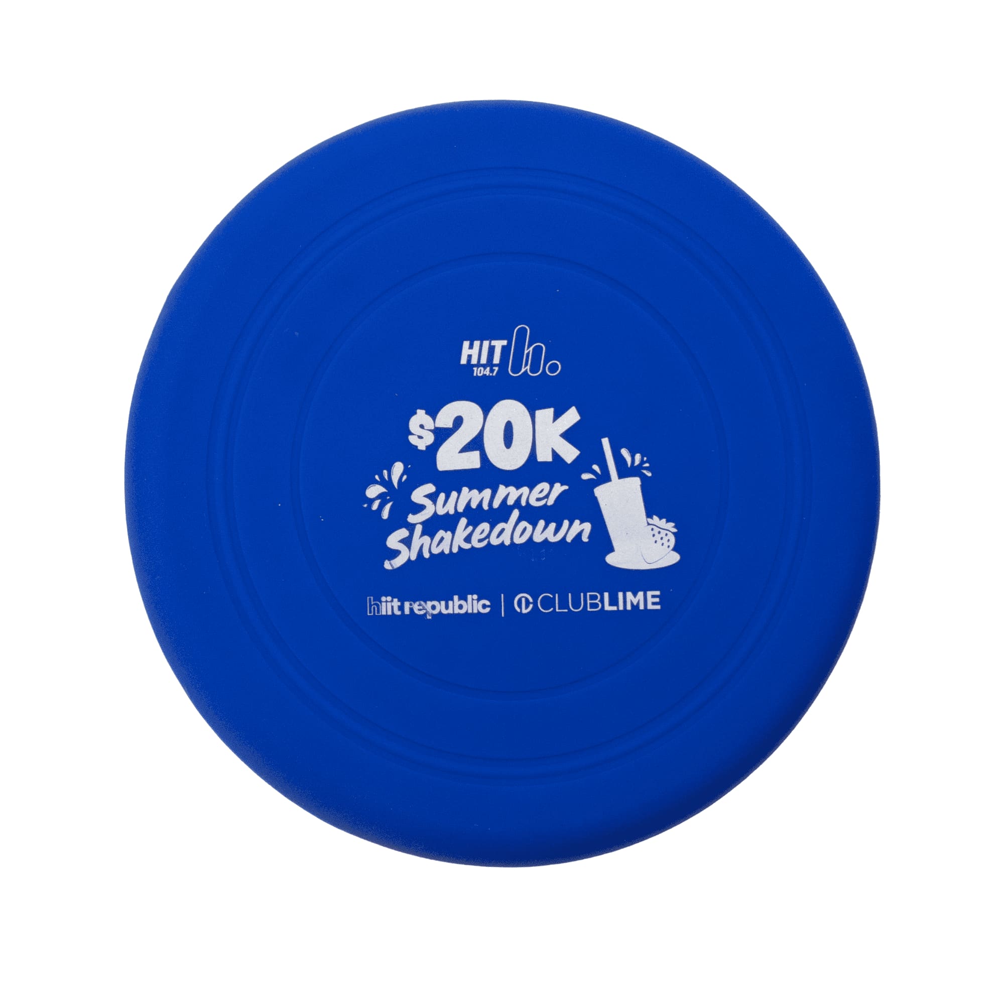 A blue silicone frisbee featuring a logo and promotional text. Ideal for outdoor fun and games.