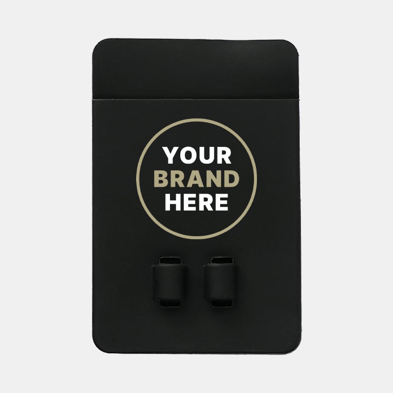 A black silicone phone wallet featuring two slots and a branding area.