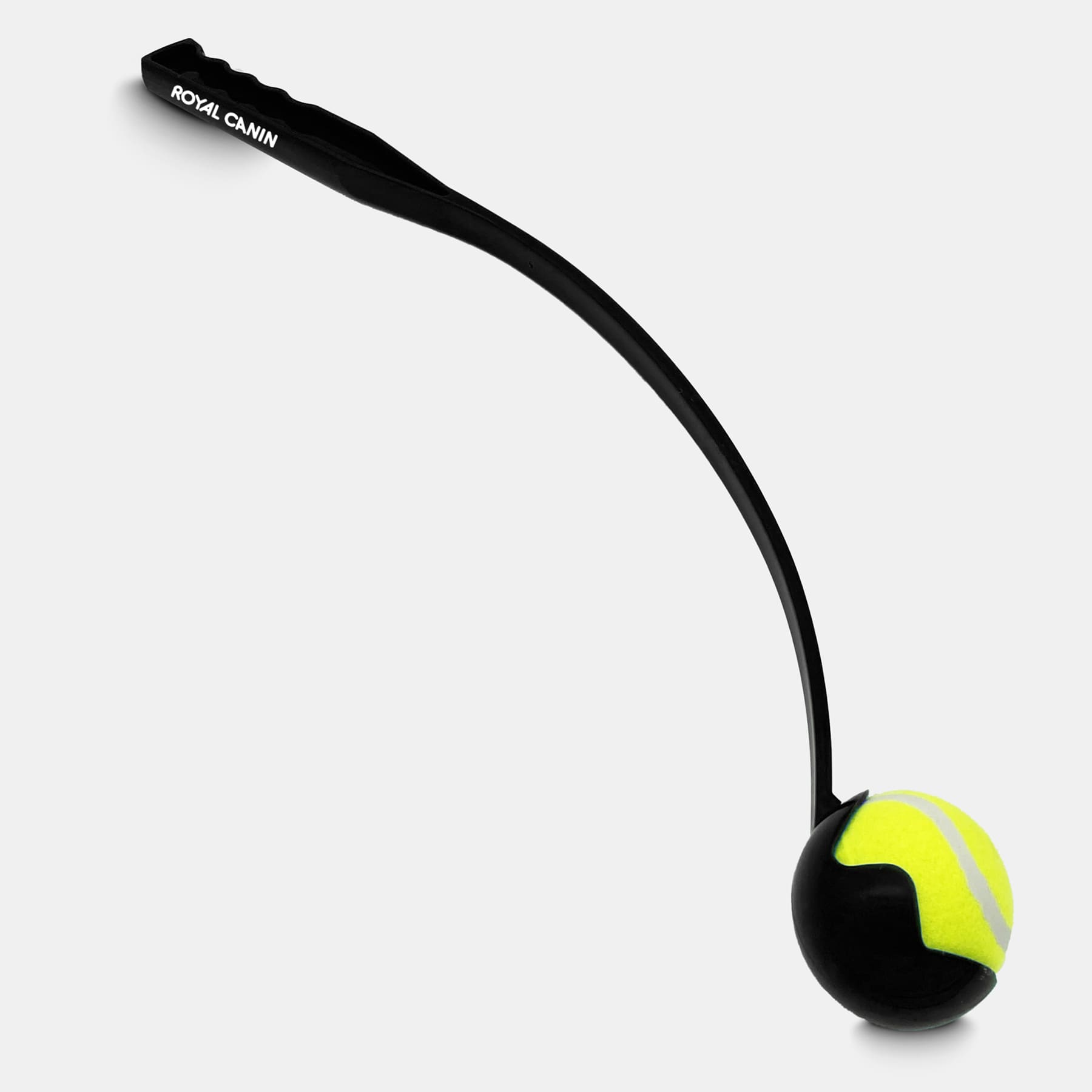 A black ball launcher with a yellow tennis ball at the end, featuring a small logo on the handle.