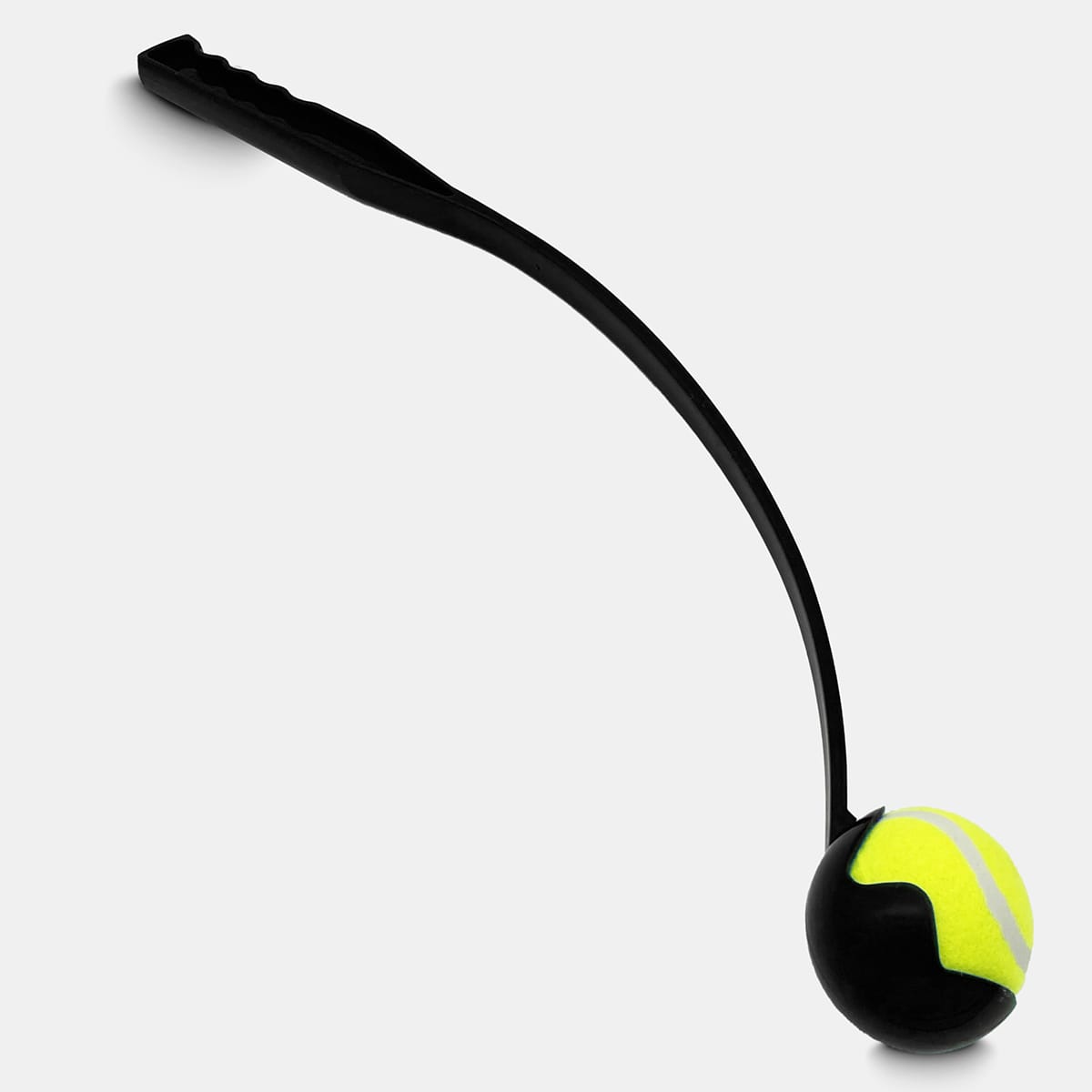 A black ball launcher with a curved arm, featuring a yellow tennis ball at the end.