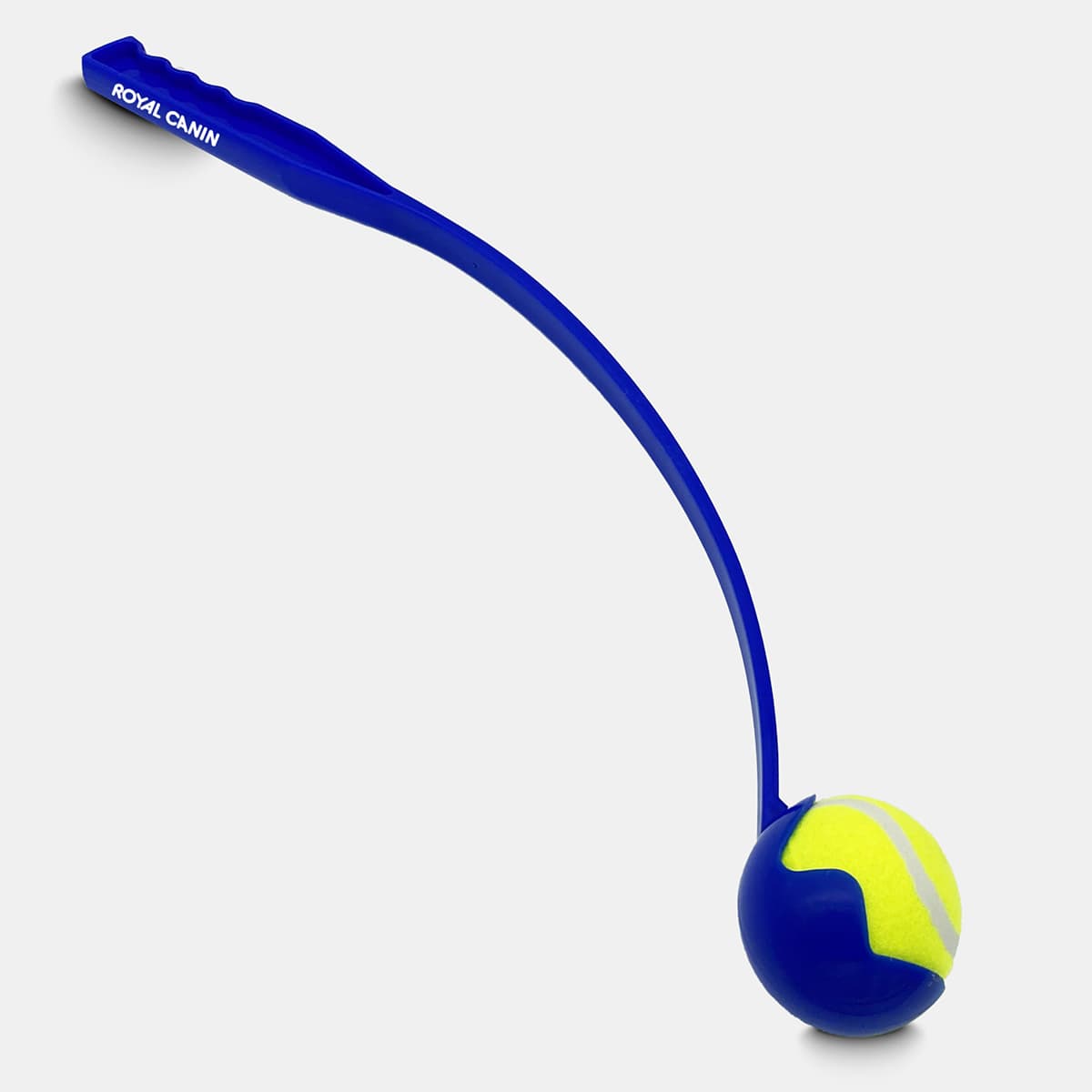 A blue ball launcher with a yellow tennis ball attached, featuring a branded handle.