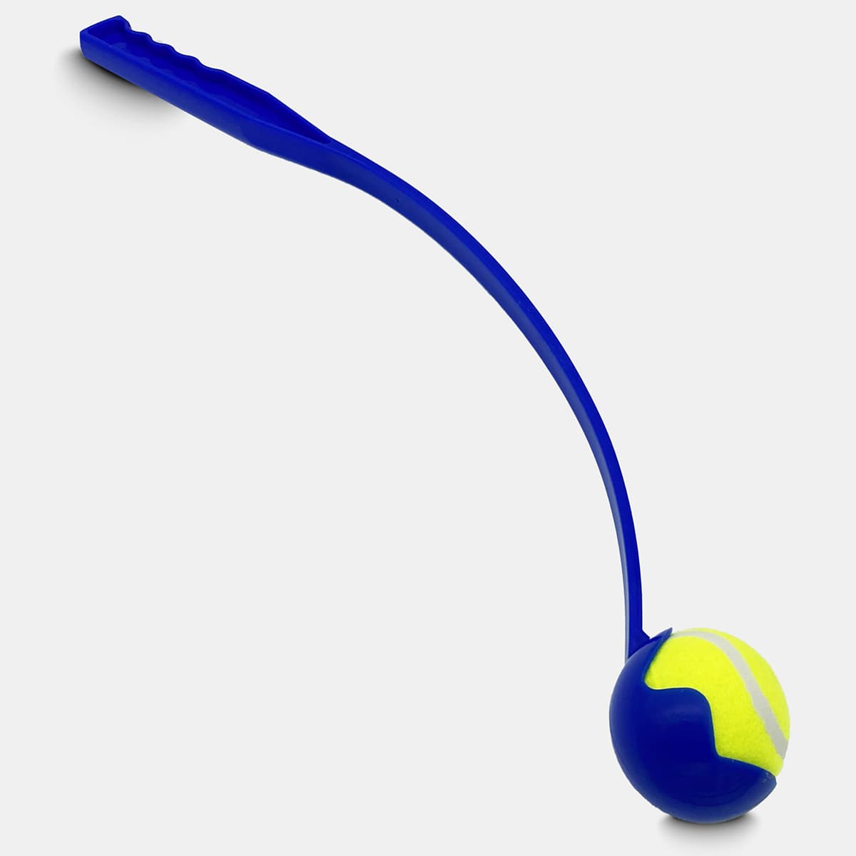 A blue ball launcher with a handle and a yellow tennis ball attached at the end. Features a branding logo.
