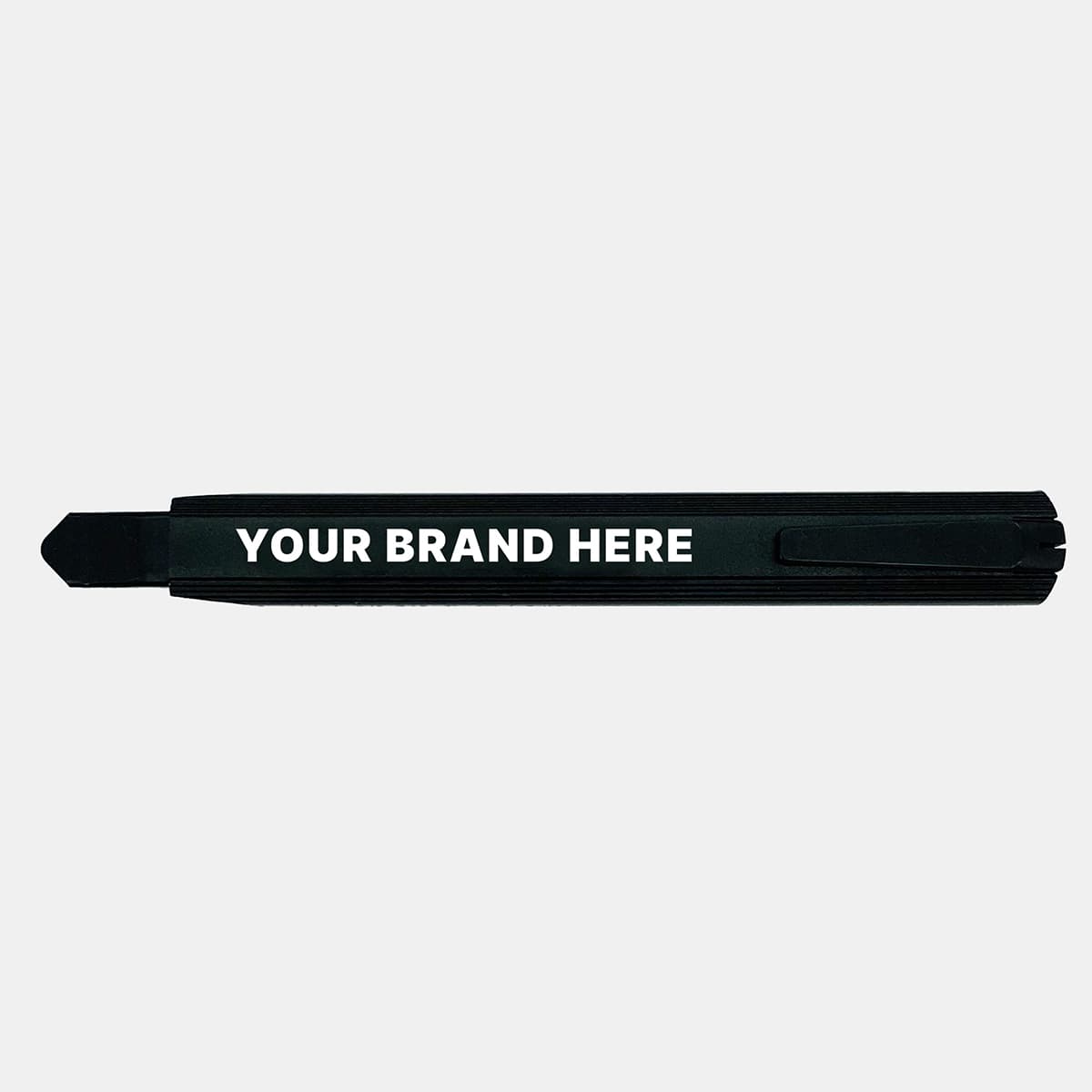 A black slimline retractable box cutter with a clip and a logo placeholder.
