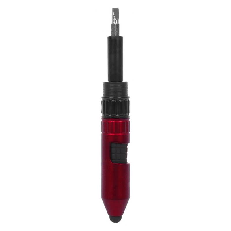 A red and black stylus pen with a retractable tip and a textured grip. It features a logo on its body.