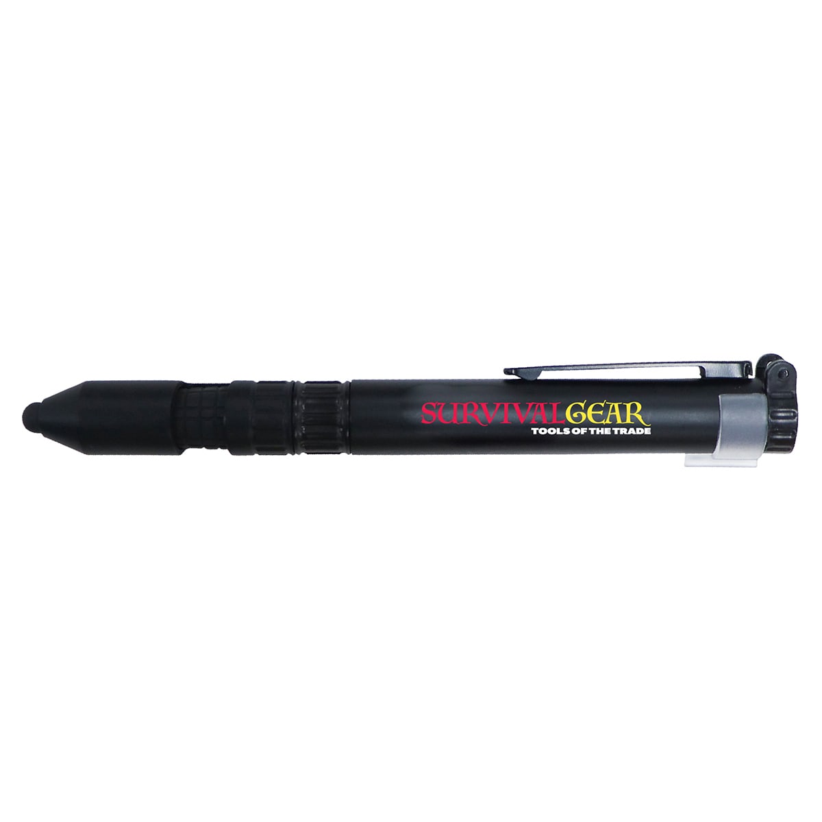 A black stylus pen with a clip and rubber tip, featuring a logo on the body.