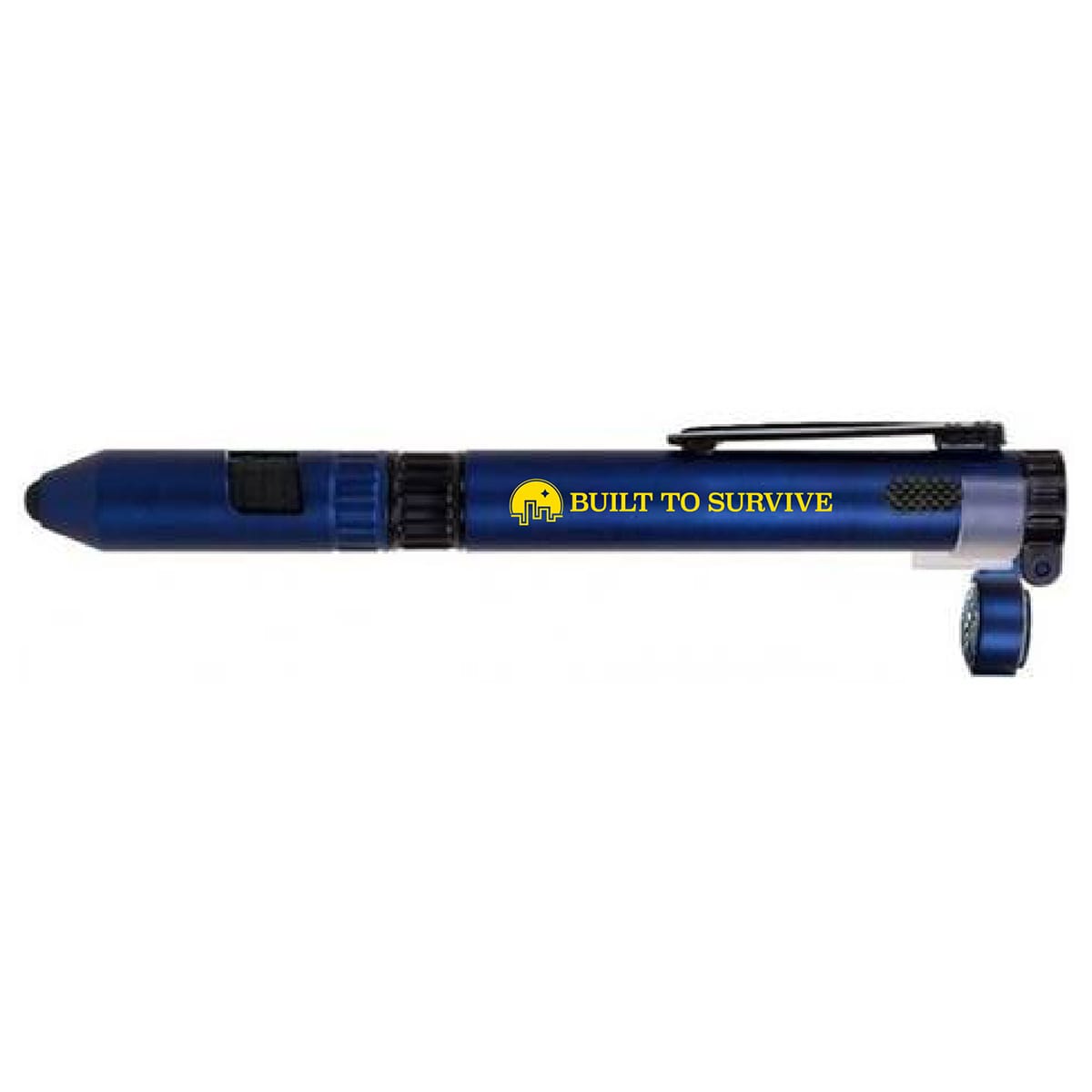 A blue Survival Stylus pen with a clip and built-in features, featuring a logo on the side.
