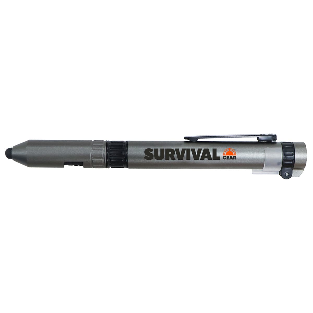 A grey survival stylus pen with a clip and branding on the side. Ideal for outdoor and writing use.