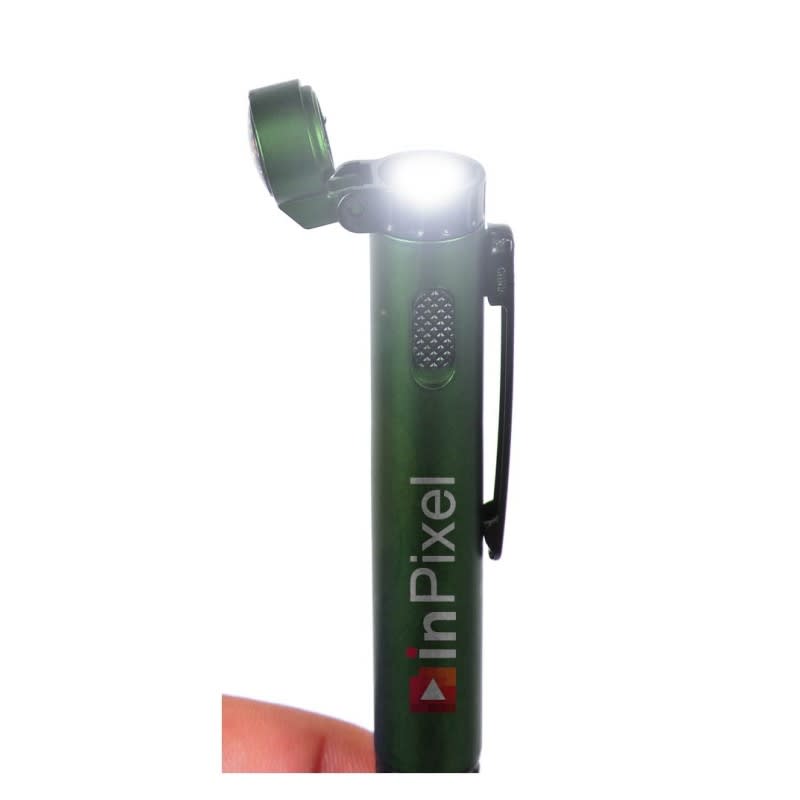 A green stylus pen with a built-in light, featuring a clip and a logo on the side.