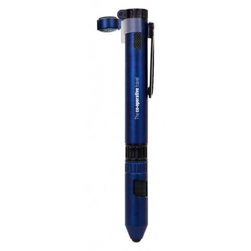 A blue stylus pen with a flashlight and a clip, featuring a logo on its body.