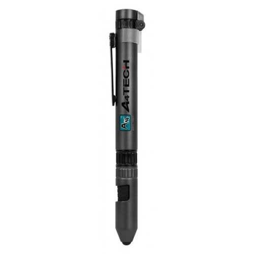 A grey survival stylus pen featuring a clip and textured grip, with a logo on the side.