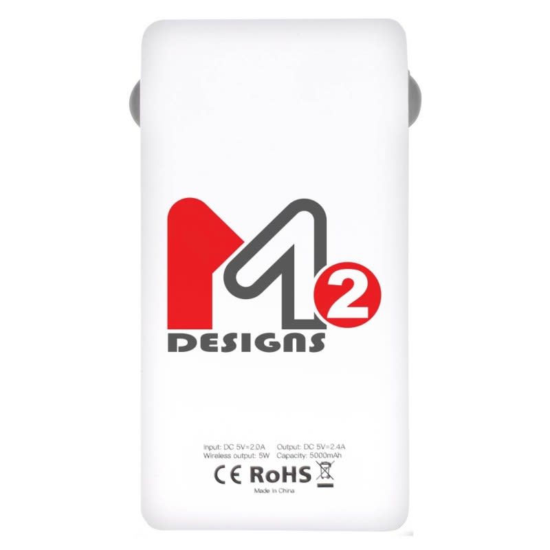 A white power bank with a capacity of 5,000 mAh and a logo, featuring input and output details on the surface.