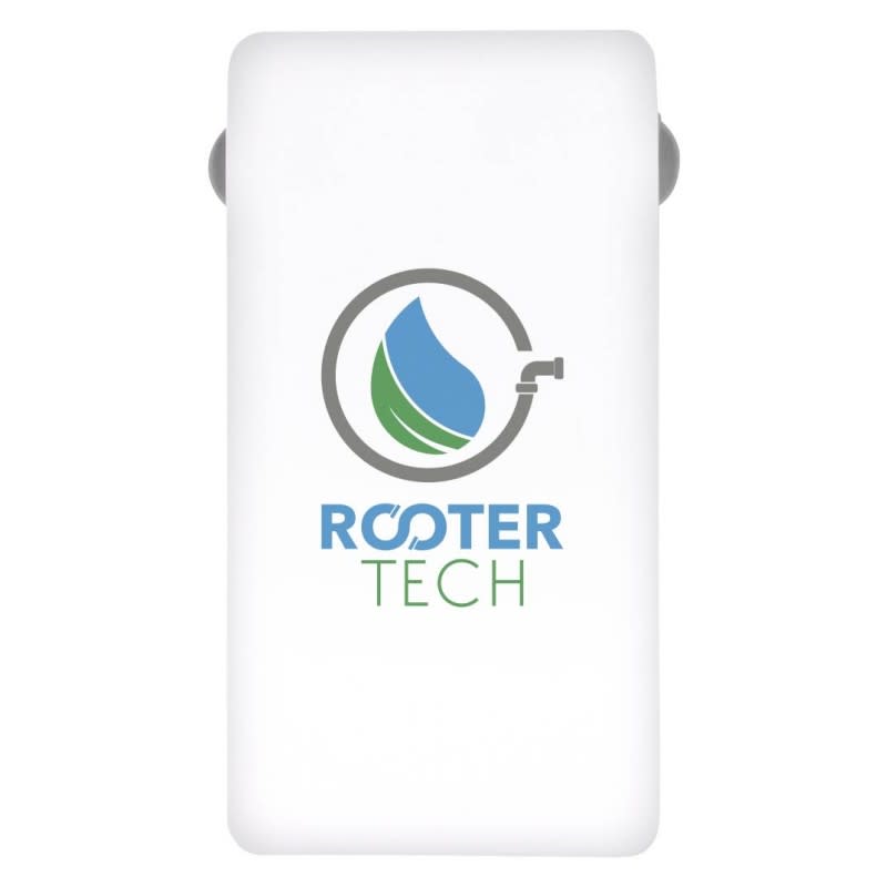 A white power bank with a rounded shape, featuring a logo on the front.