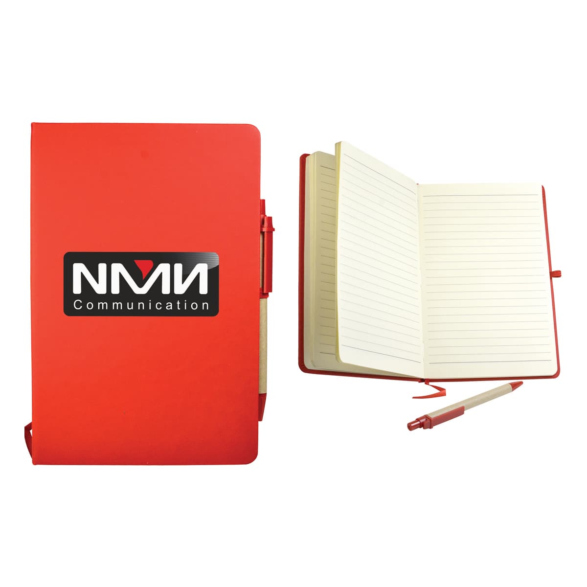 A red recycled notebook with a black logo, an open view revealing lined pages, and a pen beside it.