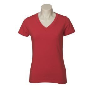 A red short sleeve tee with a V-neck design displayed on a mannequin. The shirt has a logo on it.
