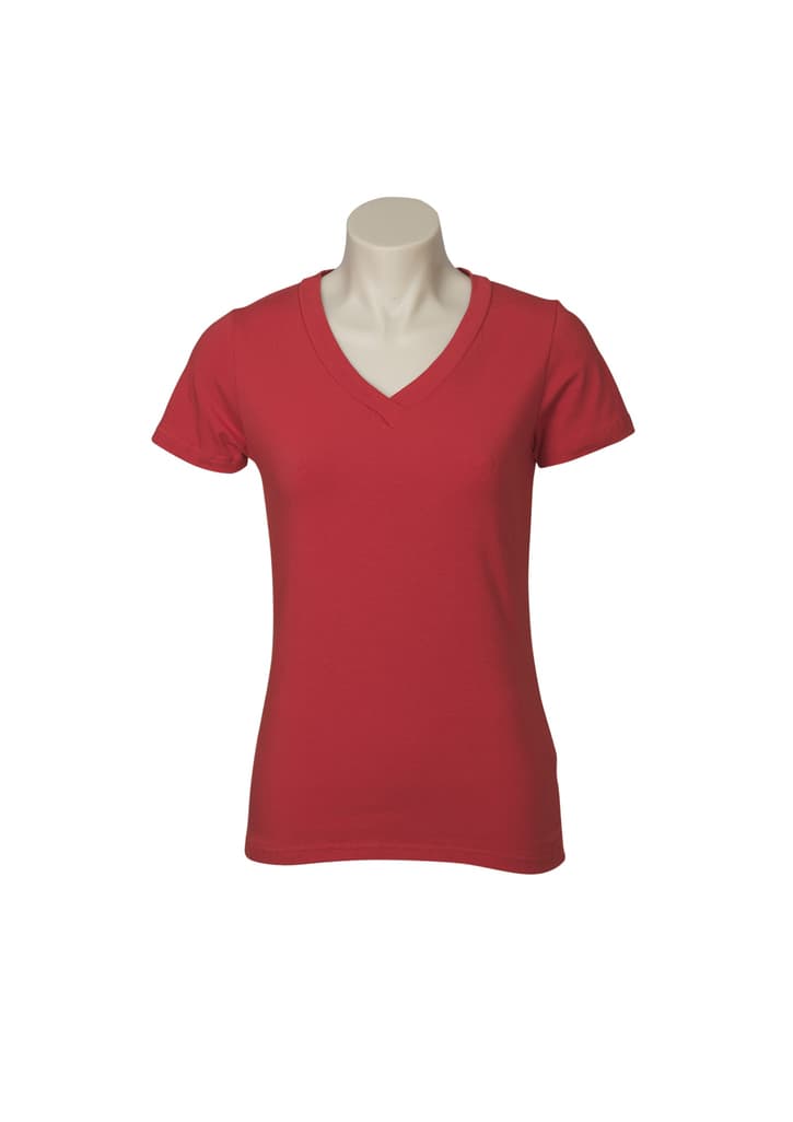 A red short sleeve tee with a V-neck design displayed on a mannequin. The shirt has a logo on it.