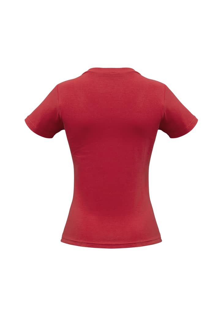 A red ladies short sleeve tee with a fitted silhouette and a classic crew neck, featuring a logo on the back.