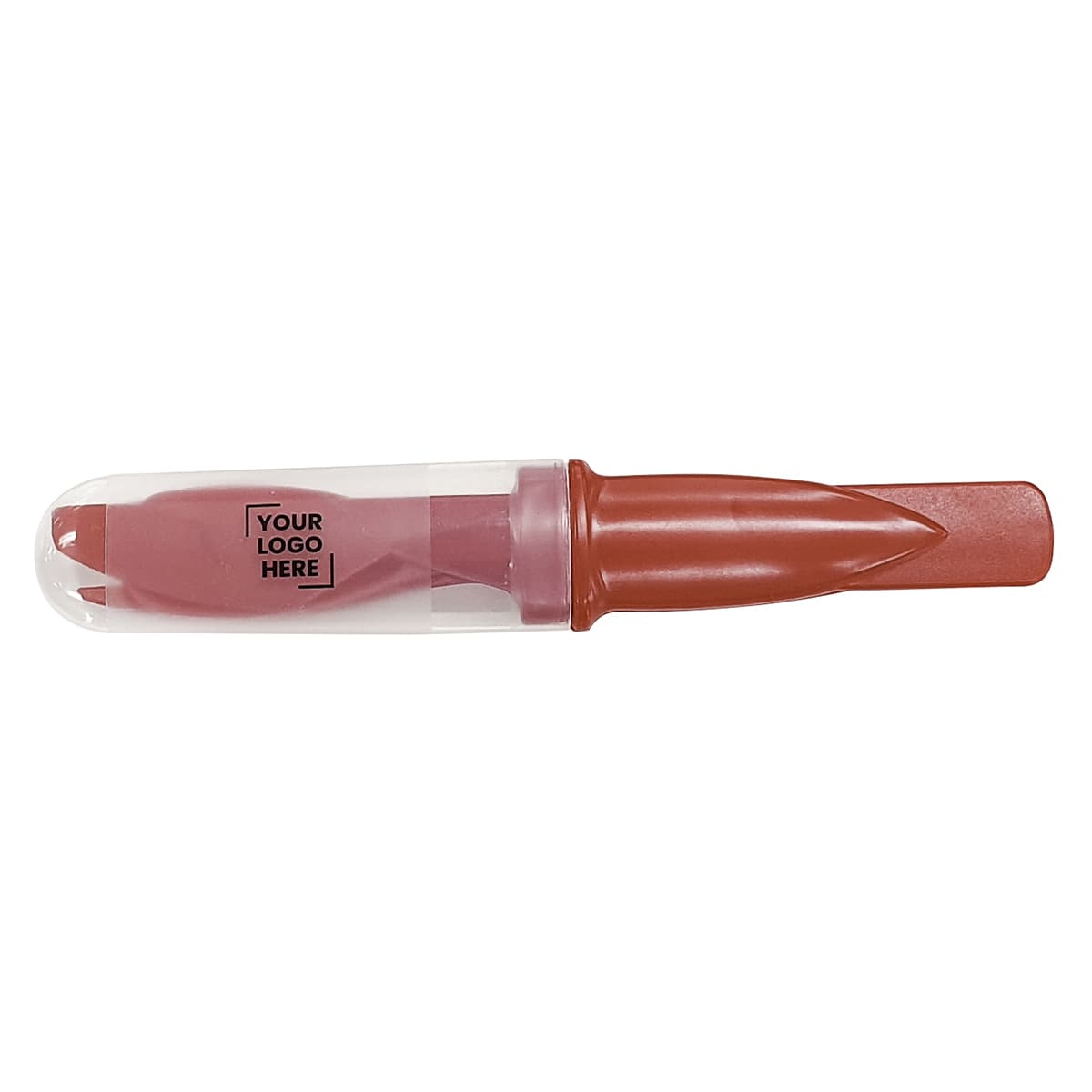 A promotional product, the Slice Set, features a transparent case with a brown marker inside. It has a logo on the casing.