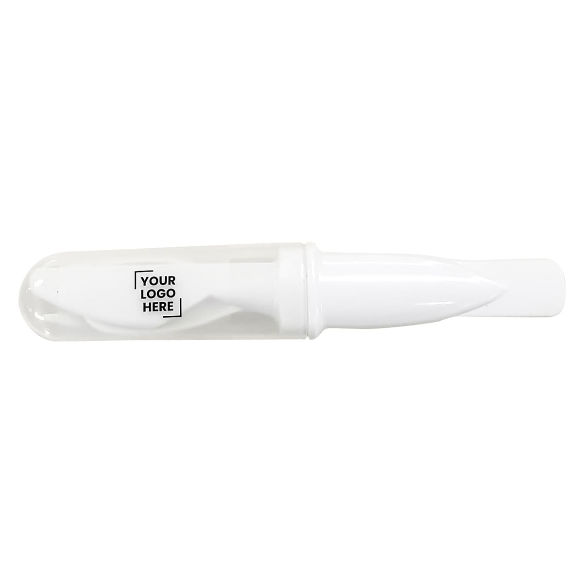 A white pen in a transparent casing, featuring a space for a logo.