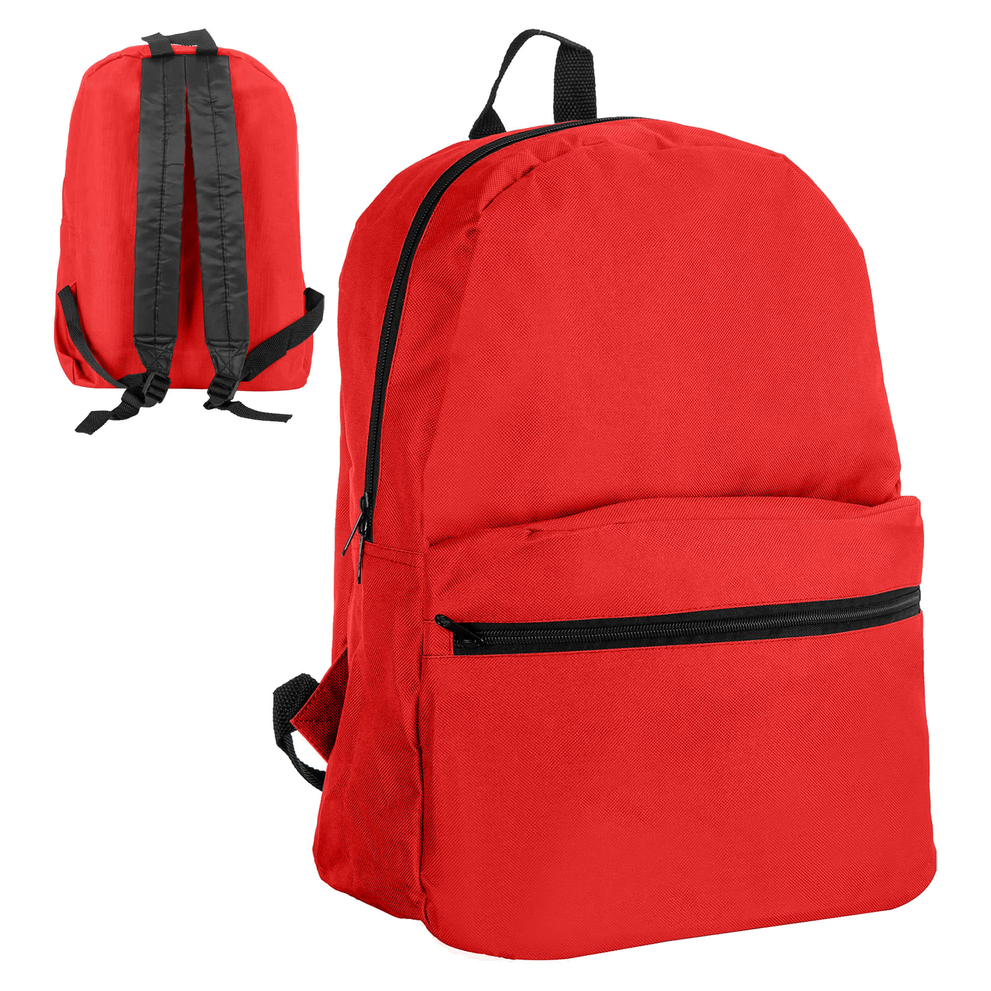 A red backpack featuring a front zip pocket and adjustable straps, with a simple design and a logo.