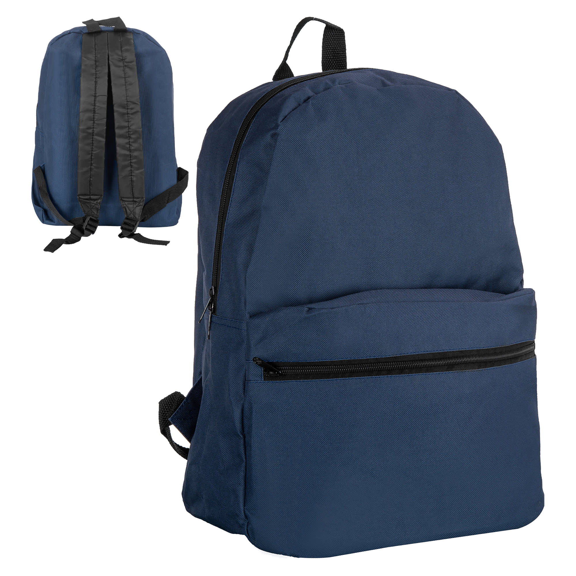 A navy blue backpack with a front zip pocket and adjustable straps at the back. It features a simple design and logo.