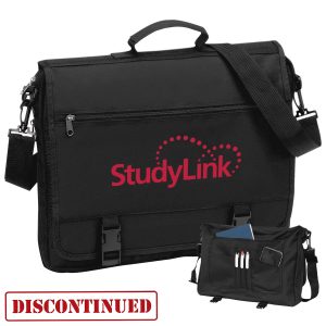 A black briefcase featuring a shoulder strap and multiple pockets, with a logo on the front.
