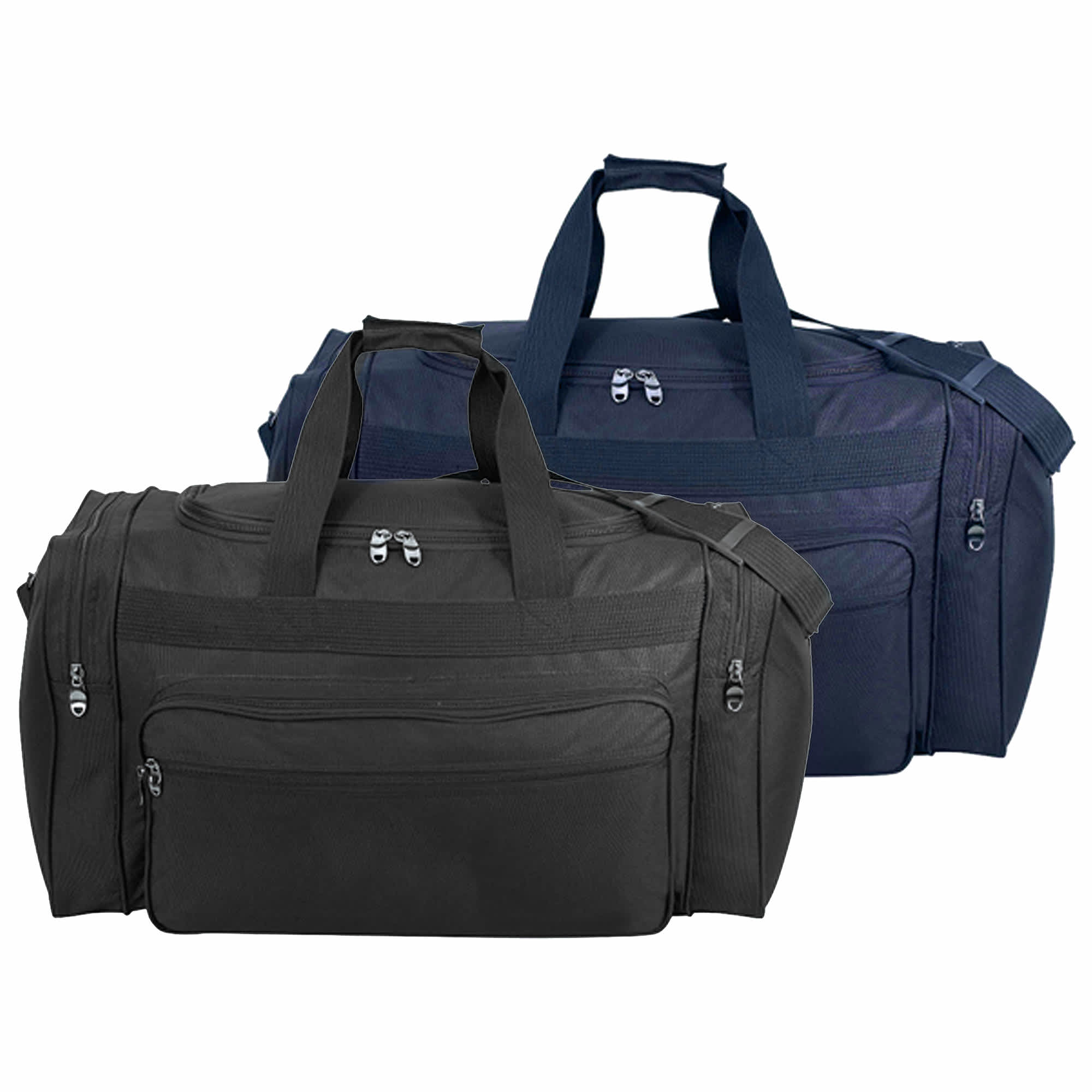 A black and navy duffle bag featuring sturdy handles and zippers, with a logo on the side.