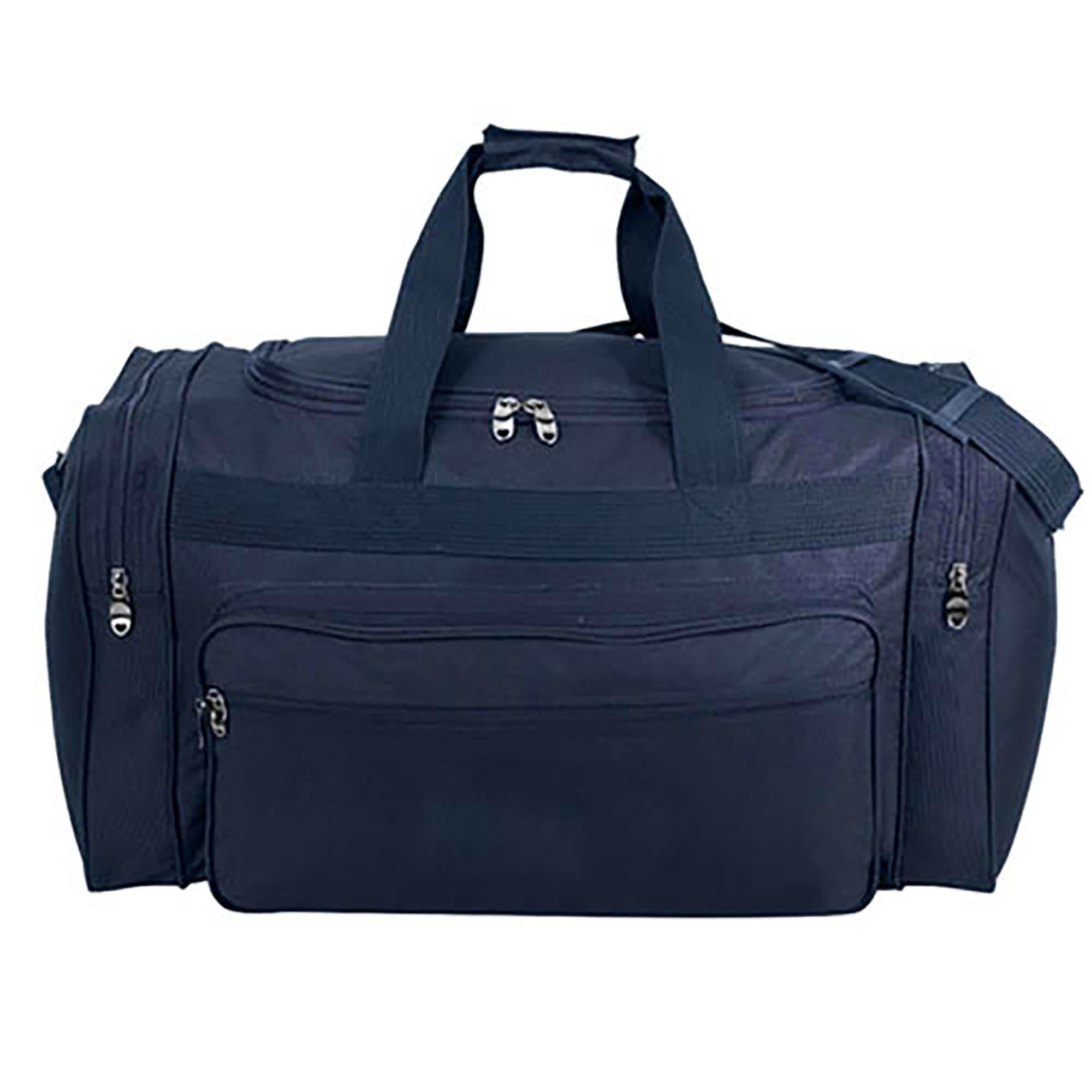 A large navy blue duffle bag with multiple zippered compartments and handles, featuring an adjustable shoulder strap.