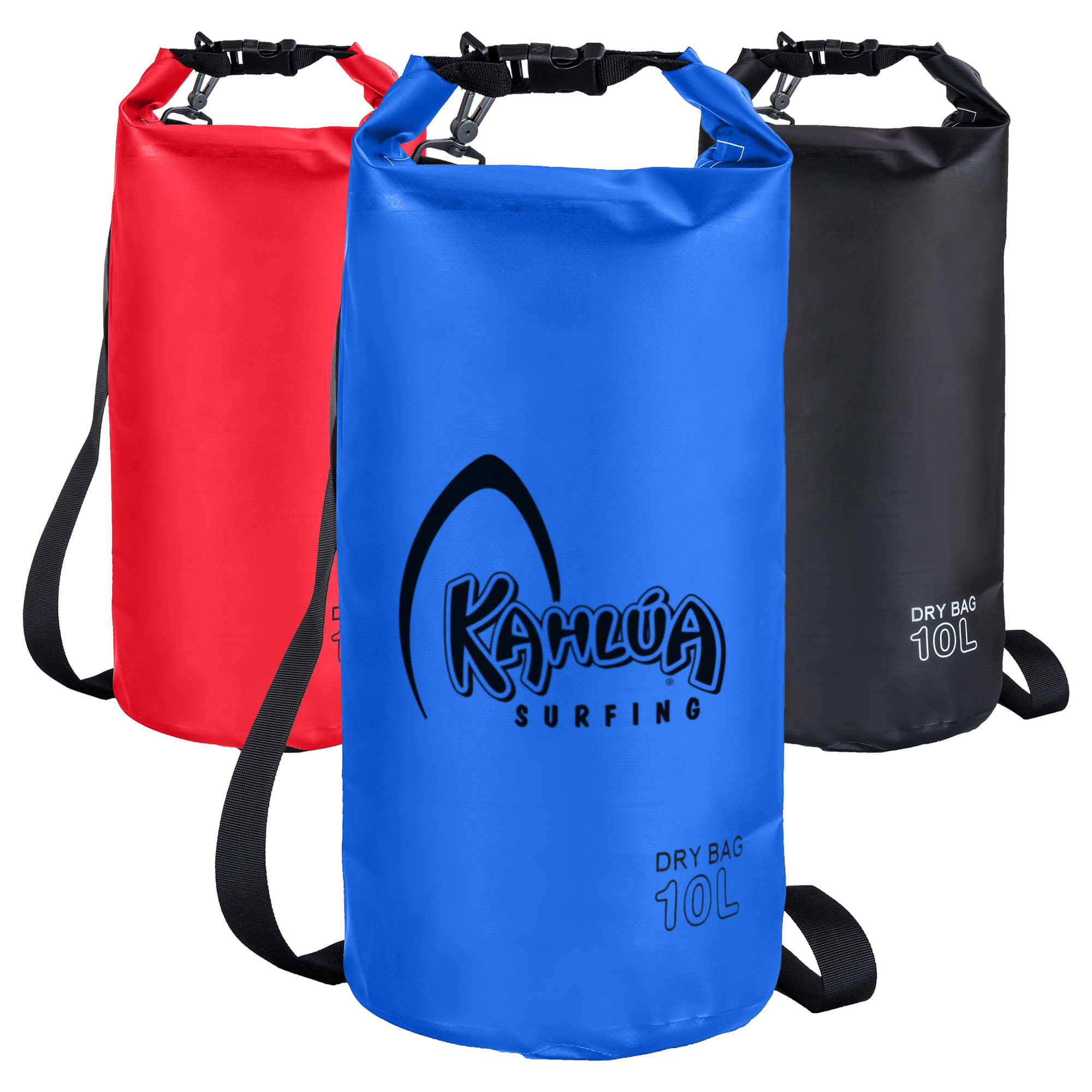 Three dry bags in red, blue, and black, each with a strap and a logo, labelled as 