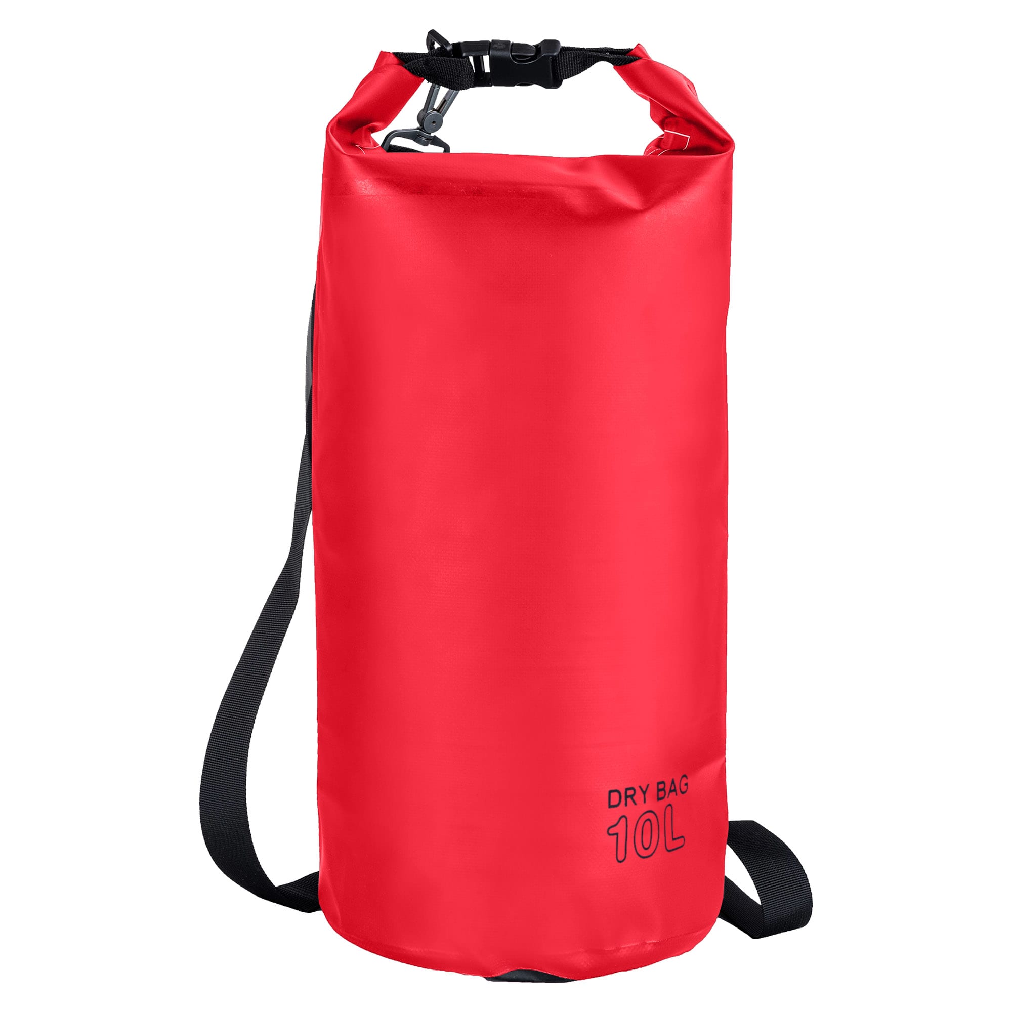 A red 10L dry sack featuring a strap and a secure closure. It has a logo on the surface.