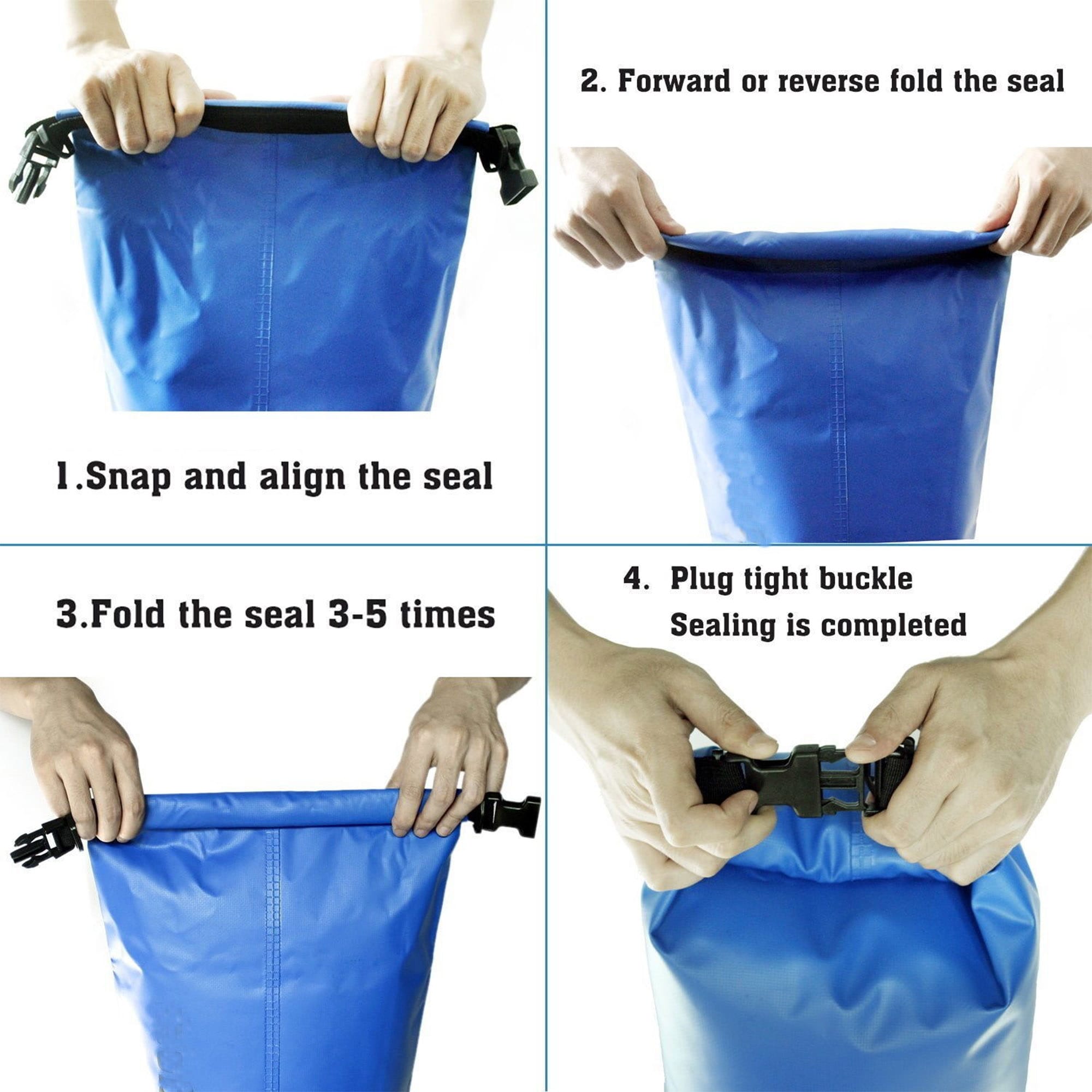 A blue dry sack demonstrating the sealing process with hands folding and buckling the top. It features a logo.