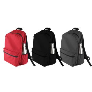 Three backpacks in red, black, and grey, each featuring a side pocket with a drink bottle. Each backpack has a logo.
