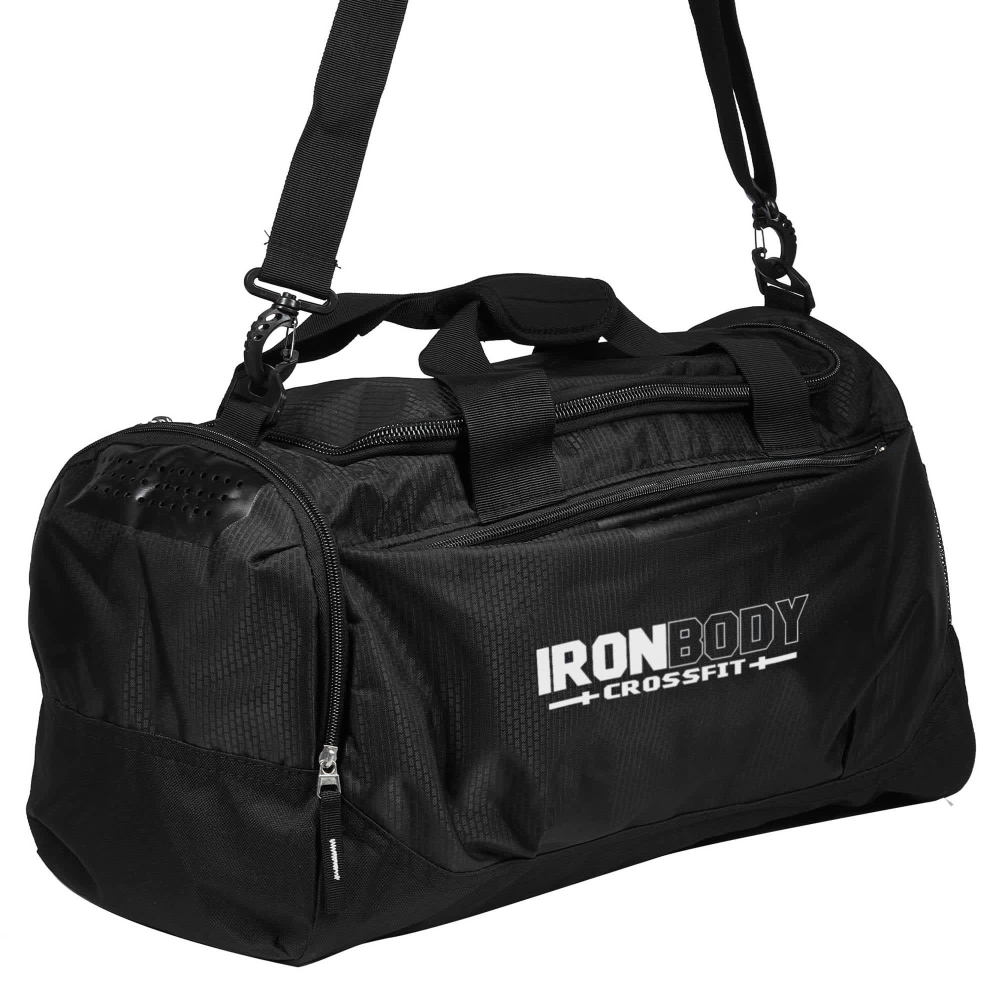 A black duffle bag with a shoulder strap, featuring a logo and multiple zippered compartments.