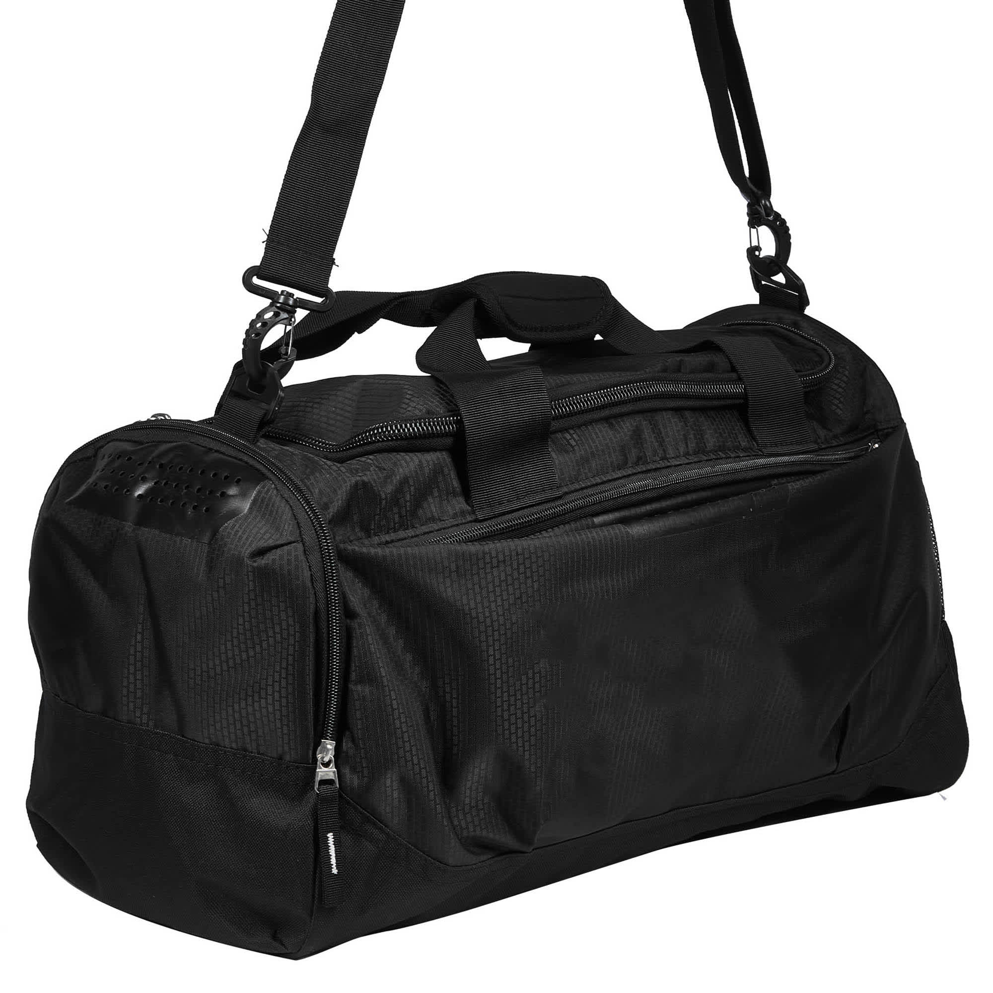A black duffle bag with a shoulder strap and handles, featuring multiple zippered compartments and a logo.