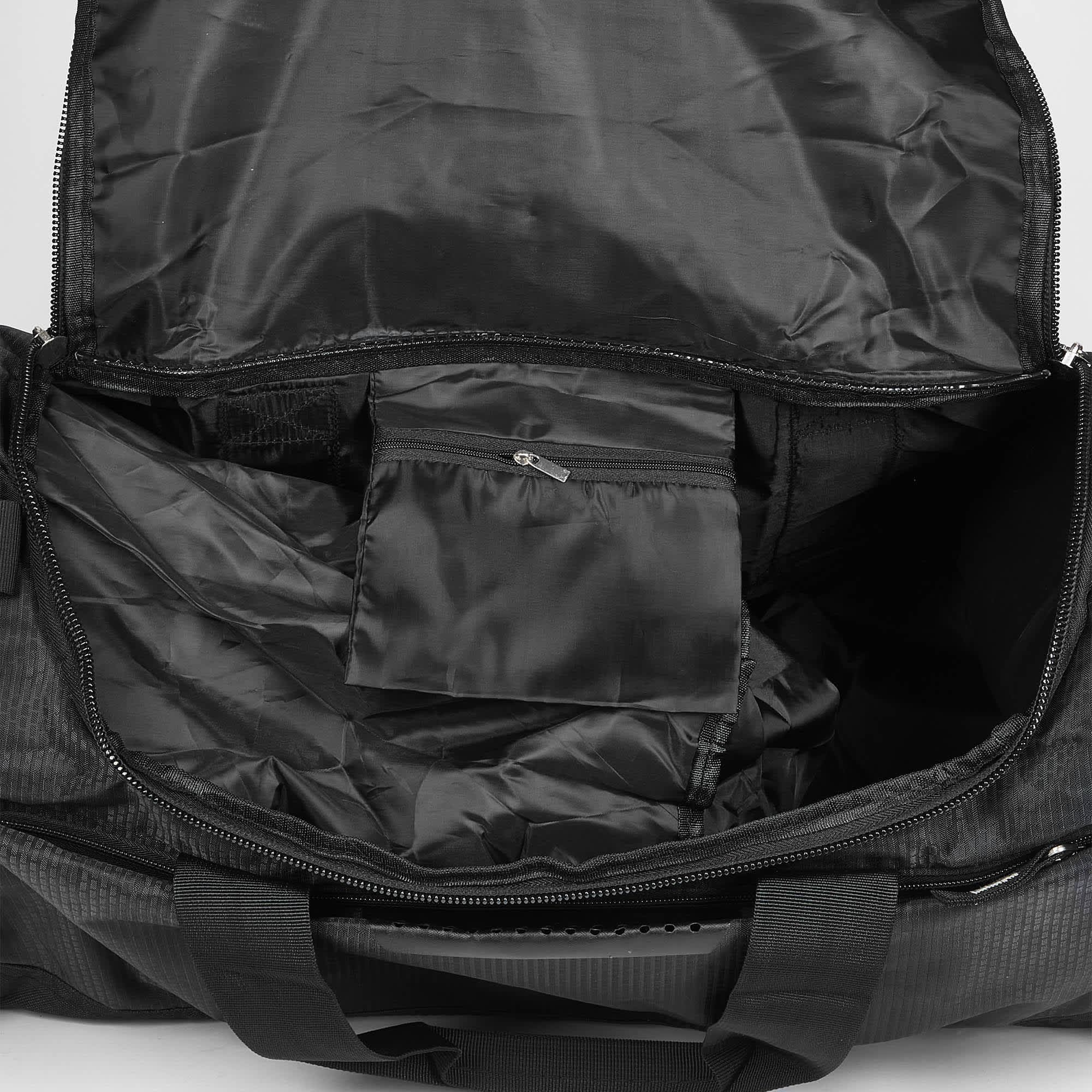 A black duffle bag with a spacious interior and a small zippered pouch inside. It features sturdy handles and a branding logo.
