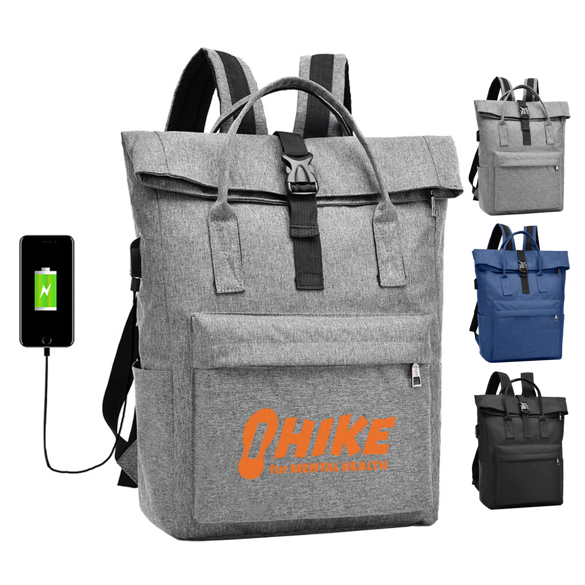 A grey, padded laptop backpack with adjustable straps and a logo, featuring a USB charging port.