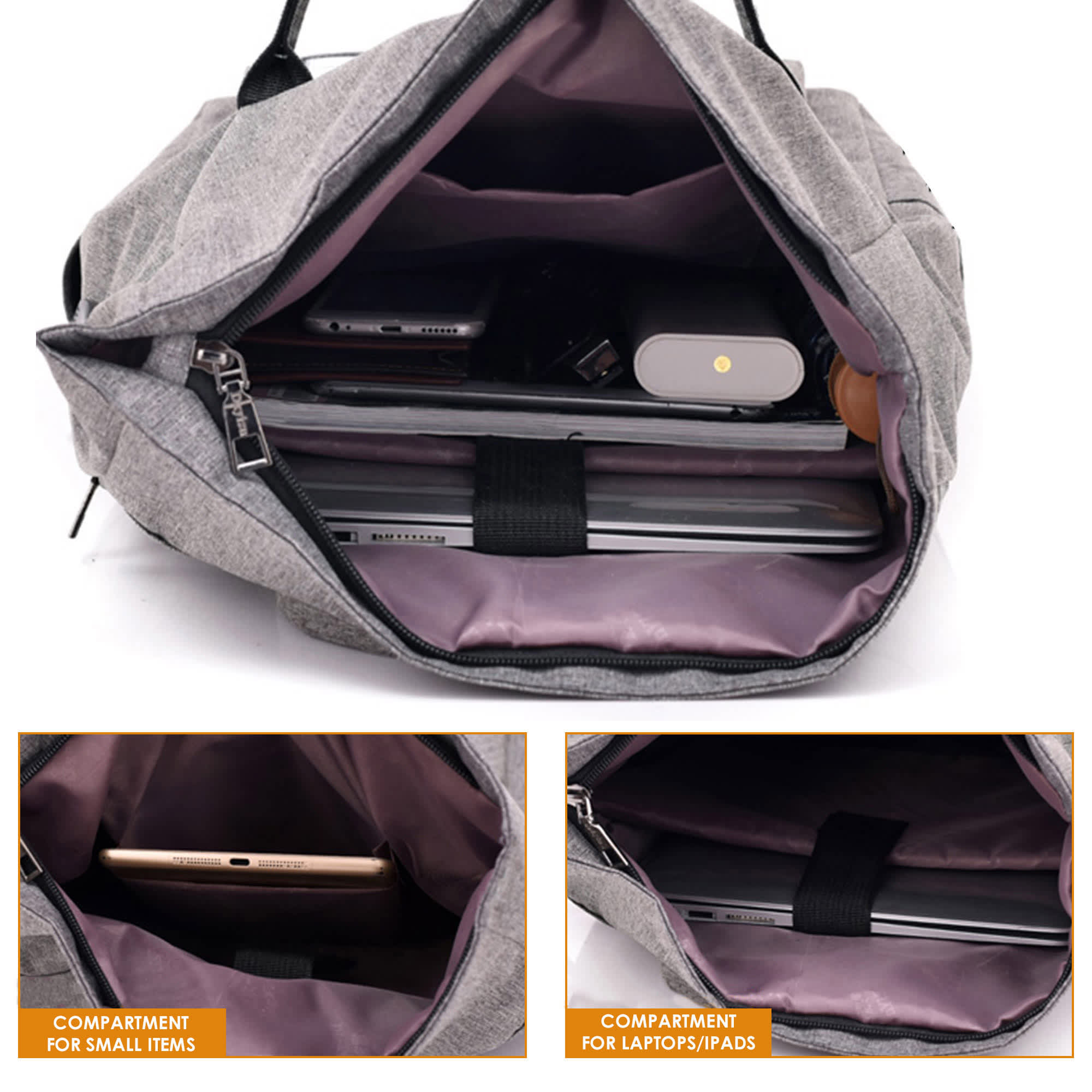 A grey laptop backpack with multiple compartments, including sections for laptops and small items.