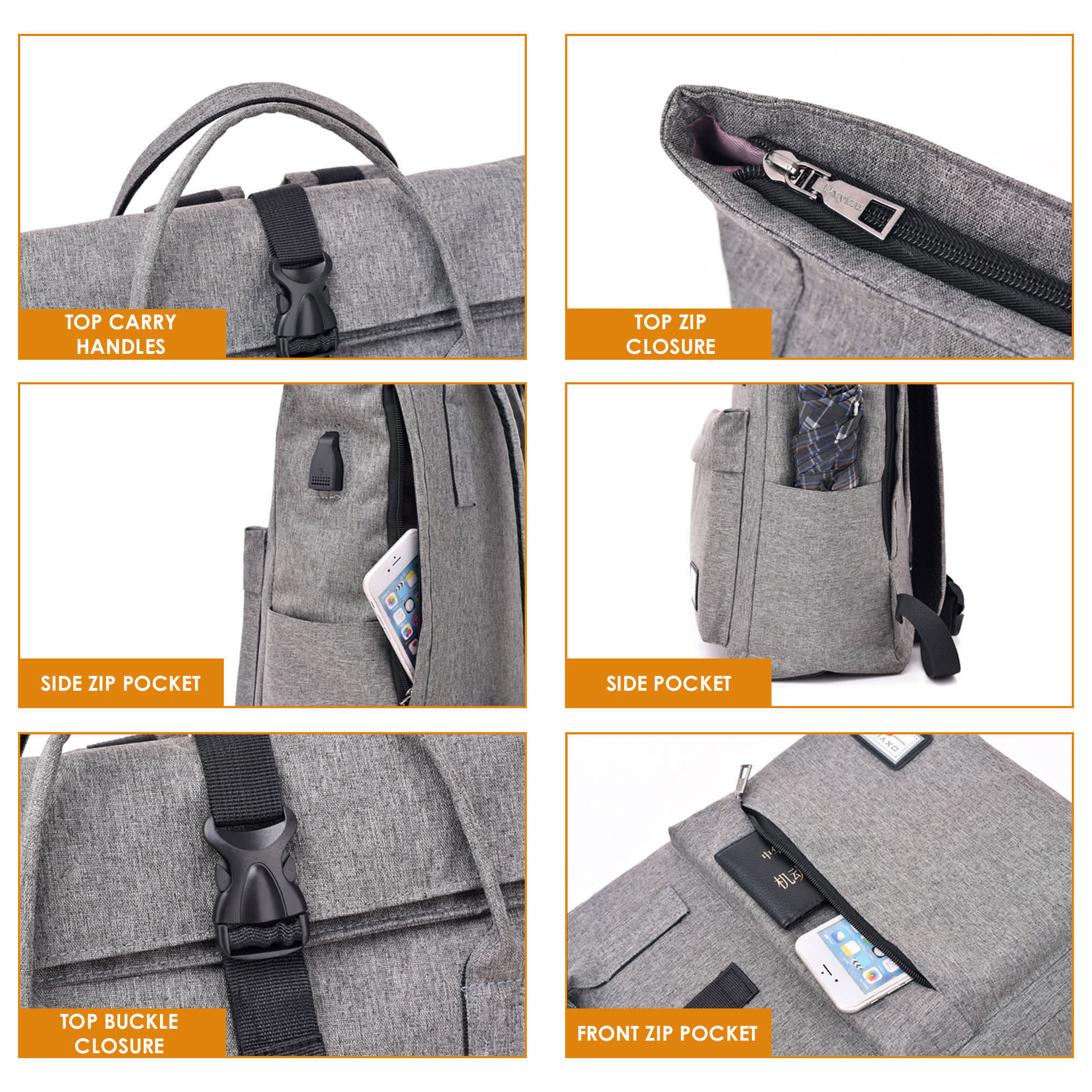 A grey laptop backpack featuring top carry handles, zip closures, and multiple pockets for organisation.