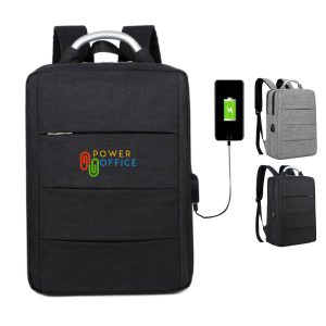 A black laptop backpack with a logo, featuring a charging port, alongside a grey version displayed on the right.