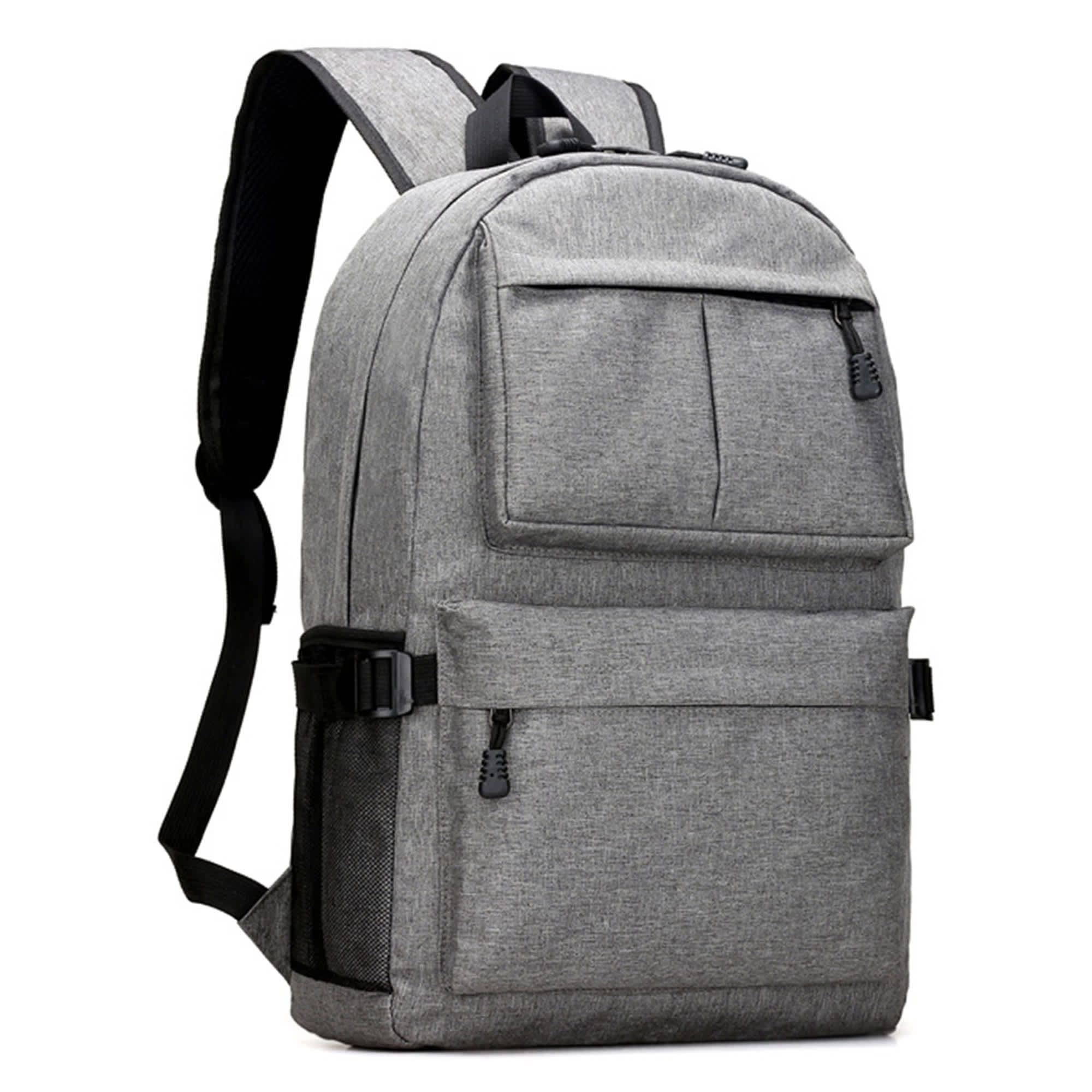 A grey laptop backpack with multiple pockets and a side mesh compartment. It features adjustable straps and a logo.