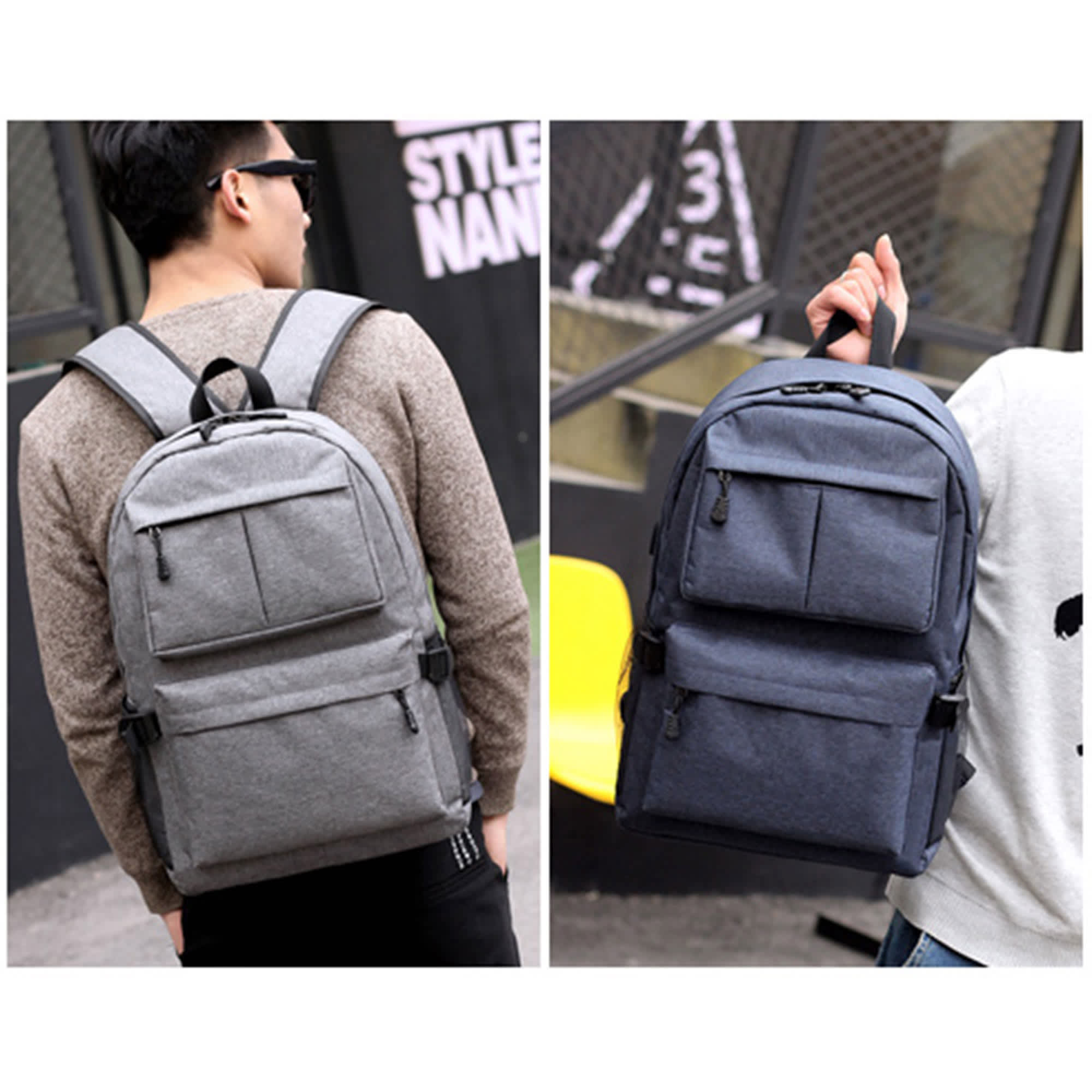 A laptop backpack in grey and navy blue, featuring multiple front pockets and adjustable straps. It has a logo.