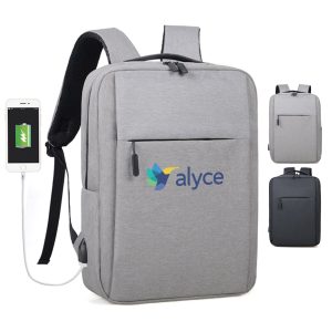 A grey Wirra Backpack with a logo, featuring a front pocket and charging port. Other images show different angles.