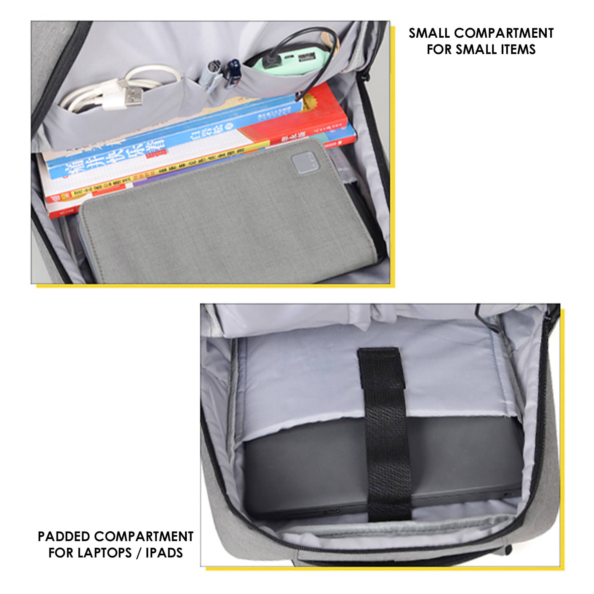 A grey Wirra Backpack featuring a padded compartment for laptops and a small compartment for accessories.