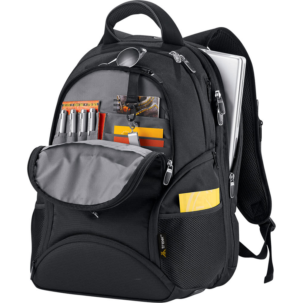 A black 35L laptop backpack with multiple compartments, pens, notebooks, and a laptop. It features a logo.