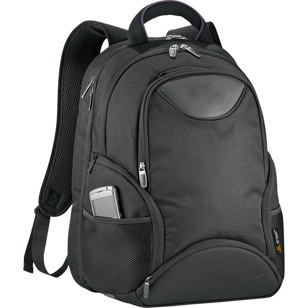 A black 35L computer backpack featuring a front zip pocket and mesh side pockets. The bag includes a logo.