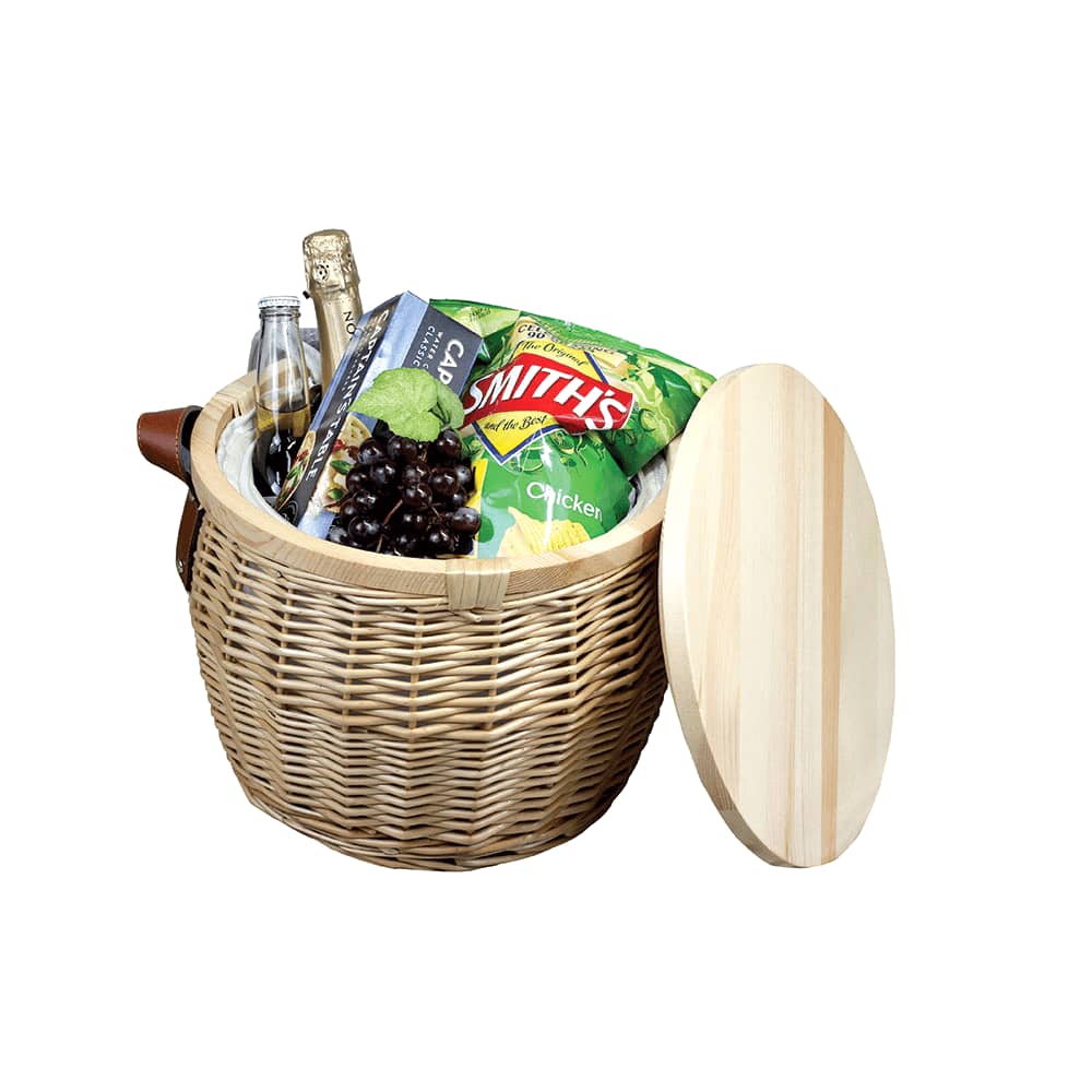 Wicker cooler basket with a wooden lid, featuring a white interior and brown leather strap.